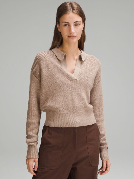 lululemon athletica Sweaters - Lululemon‎ Collared Merino Wool Blend Khaki Cream Crop Preppy Office Sweater S
